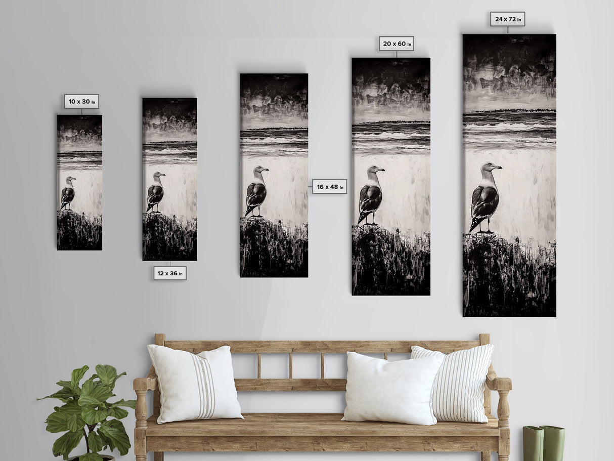 Seagull Portrait, Ocean Waves, Black and White, Framed Canvas Print, Coastal Art, Minimalist Decor, Modern Office Wall Art, Beach House Art