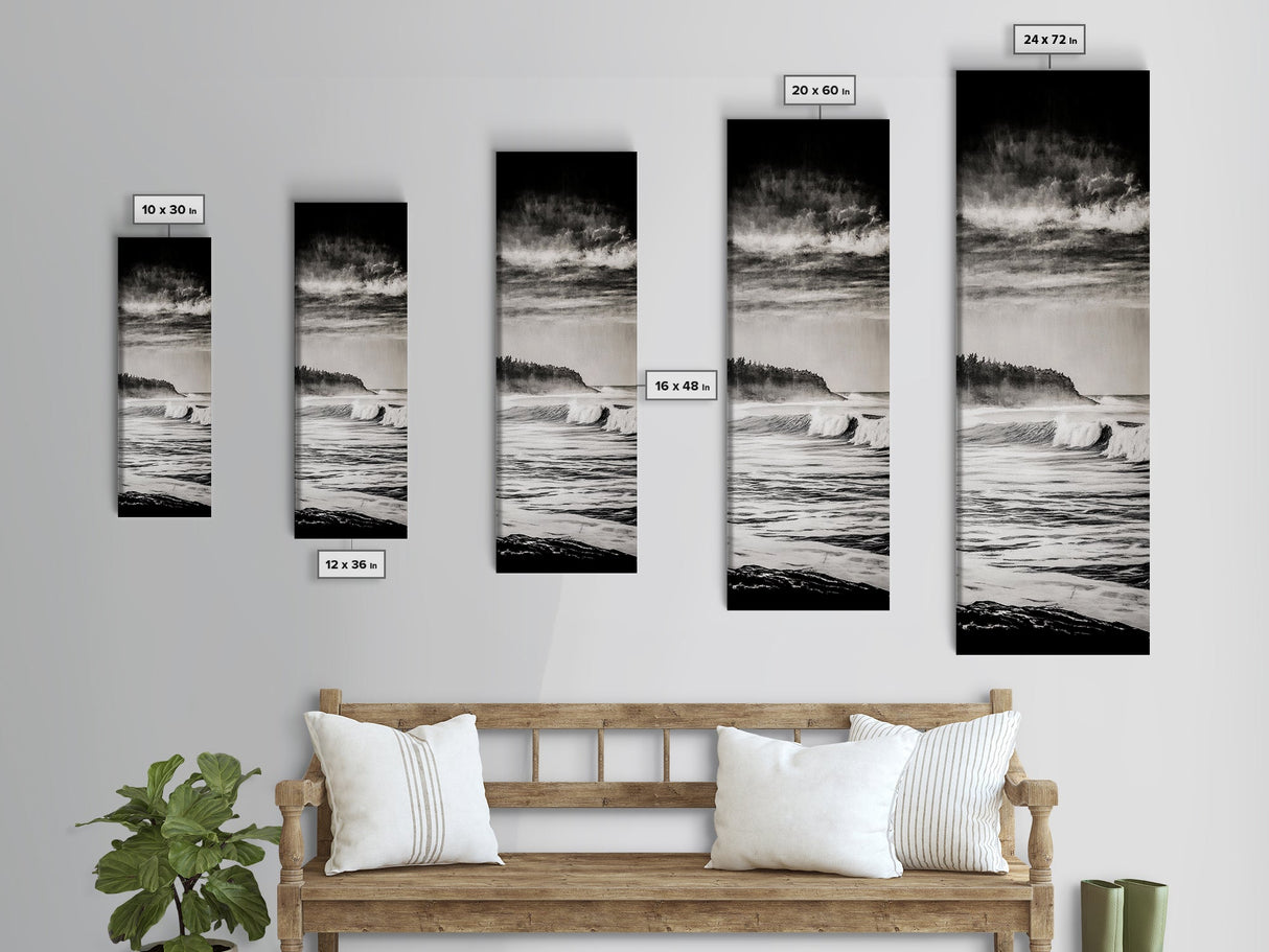 Stormy Waves, Ocean Landscape, Black and White, Framed Canvas Print, Coastal Wall Art, Modern Office Decor, Minimalist Seascape Painting