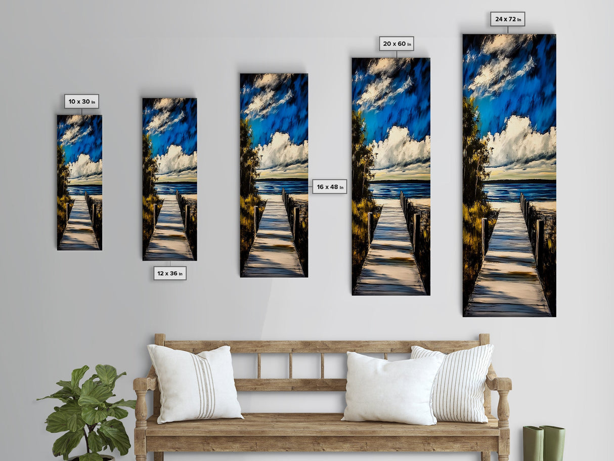 Serene Dock, Lake View, Blue and Gold, Canvas Print, Peaceful Nature Scene, Rustic Wall Art, Cabin Decor, Living Room Artwork