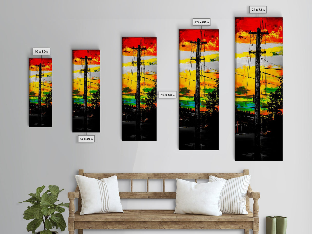 Sunset Utility Pole, Electric Lines, Urban Contrast, Canvas Print, Industrial Wall Art, Bold Colorful Decor, Modern Living Room Art