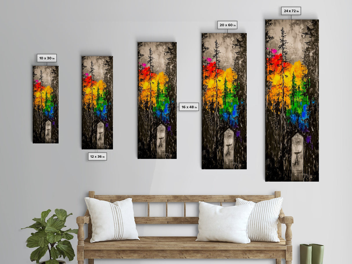 Rainbow Forest, Abstract Trees, Dark Woodland, Canvas Print, Vibrant Nature Art, Boho Home Decor, Fall Wall Artwork
