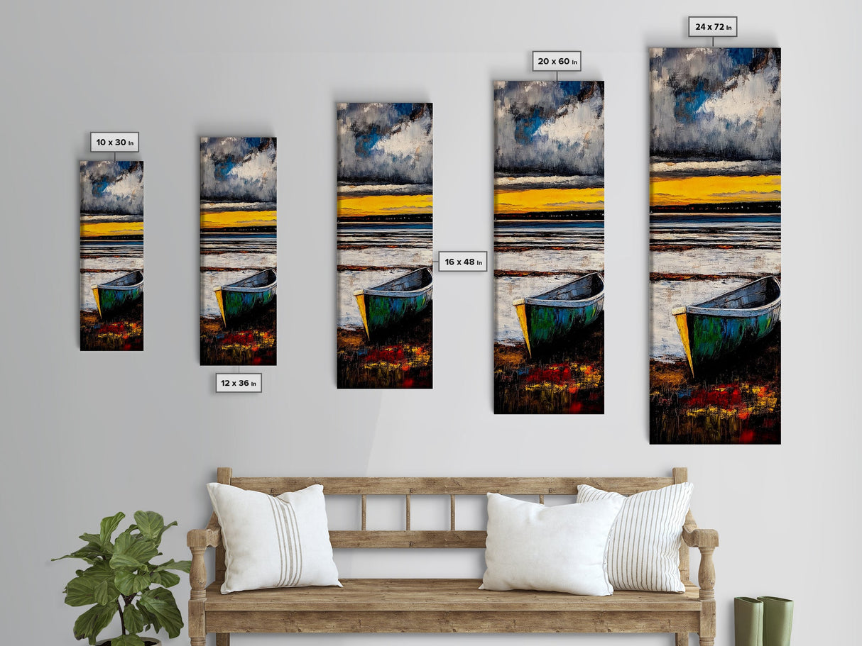 Boat on Shore, Sunset Painting, Coastal Decor, Nautical Wall Art, Framed Canvas Print, Living Room Art, Rustic Seascape, Ocean Scene