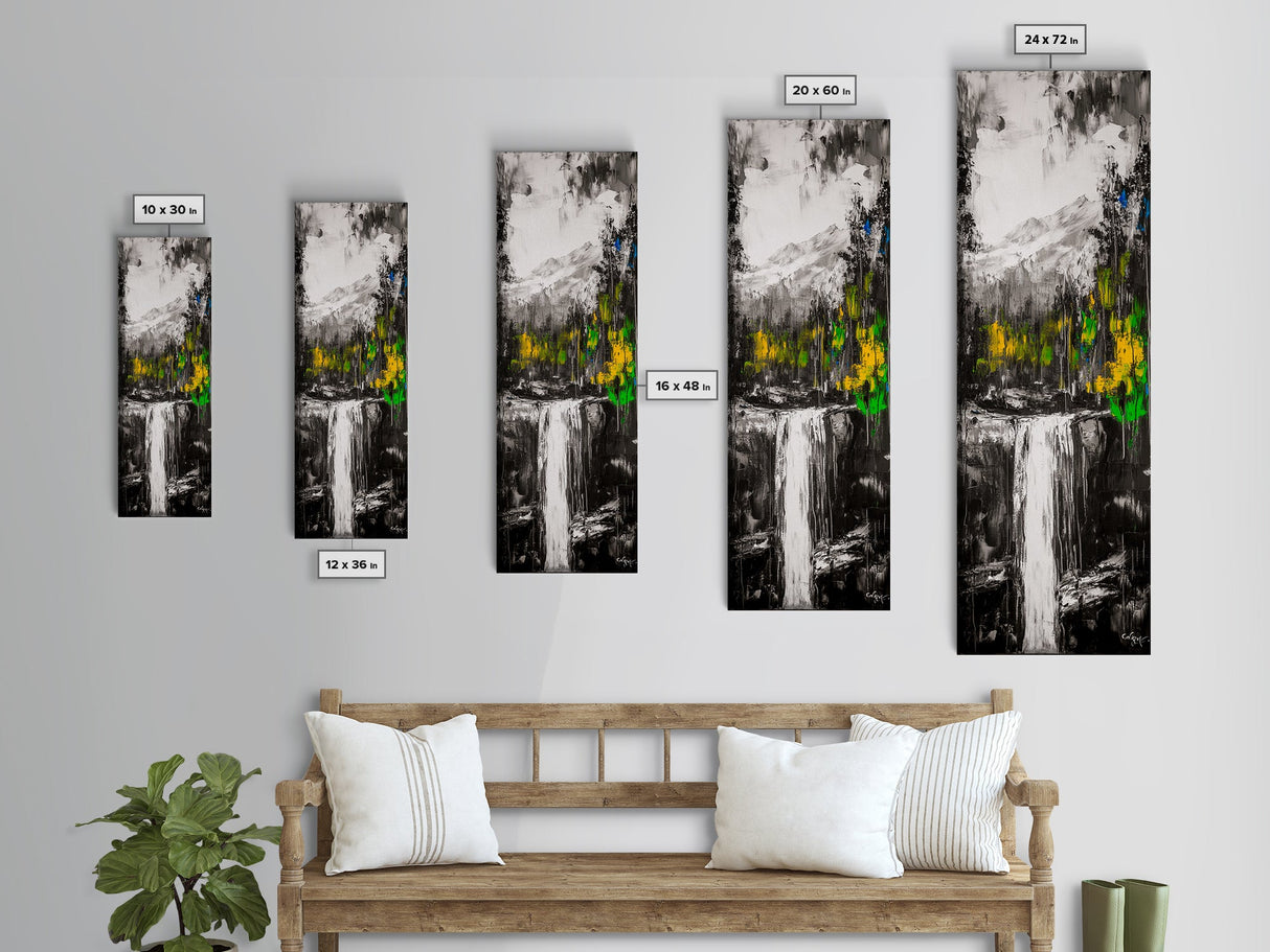Waterfall Scene, Mountain Landscape, Abstract Nature Art, Canvas Print, Wilderness Wall Art, Green Yellow Decor, Adventure Home Decor