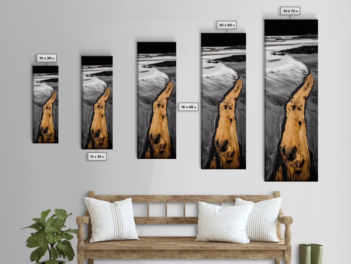 Driftwood Shore, Black and White Art, Coastal Landscape, Framed Canvas Print, Beach House Decor, Minimalist Artwork, Ocean View