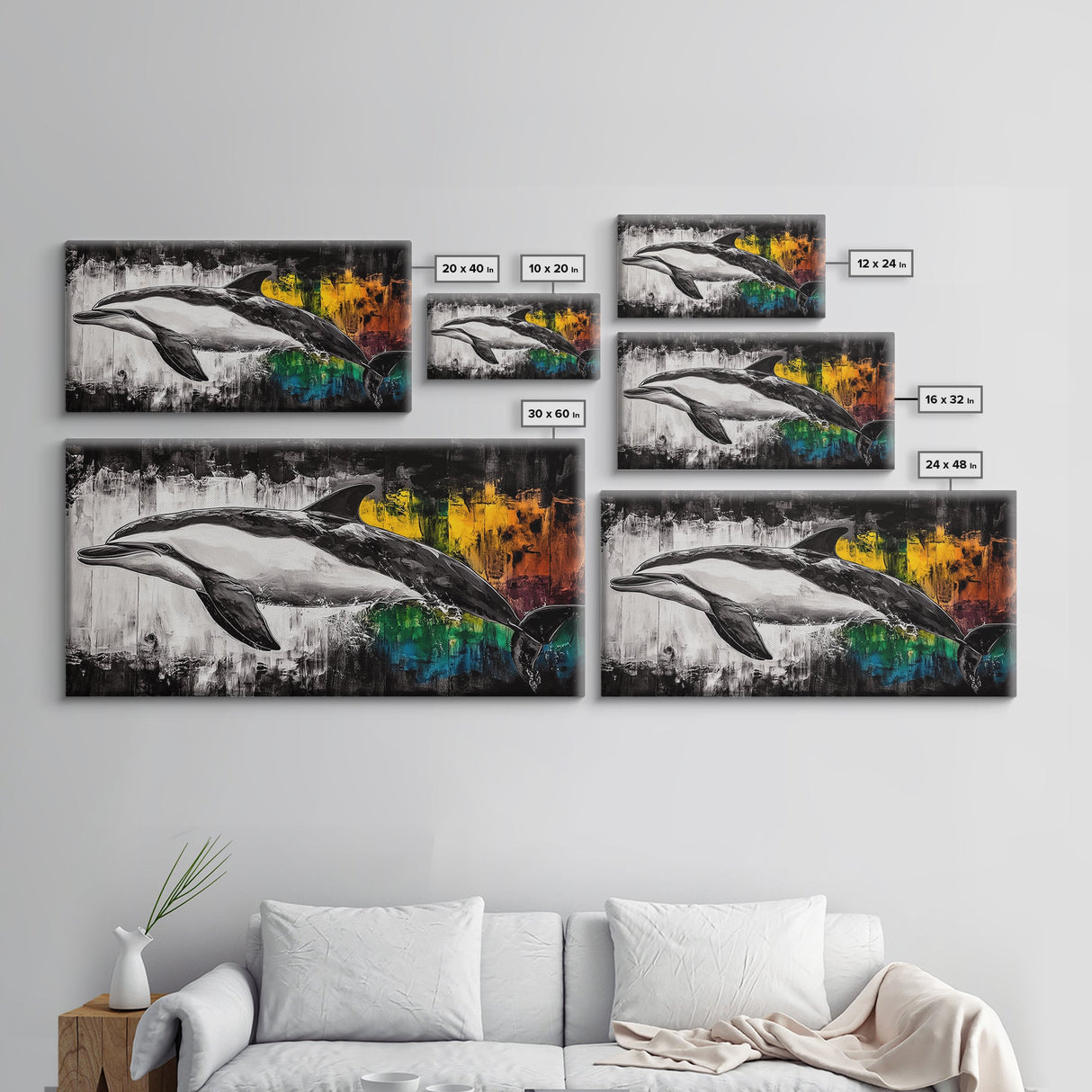 Dolphin Painting, Ocean Wildlife, Vibrant Colors, Coastal Wall Art, Black and White Animal Art, Framed Canvas Print, Beach House Decor