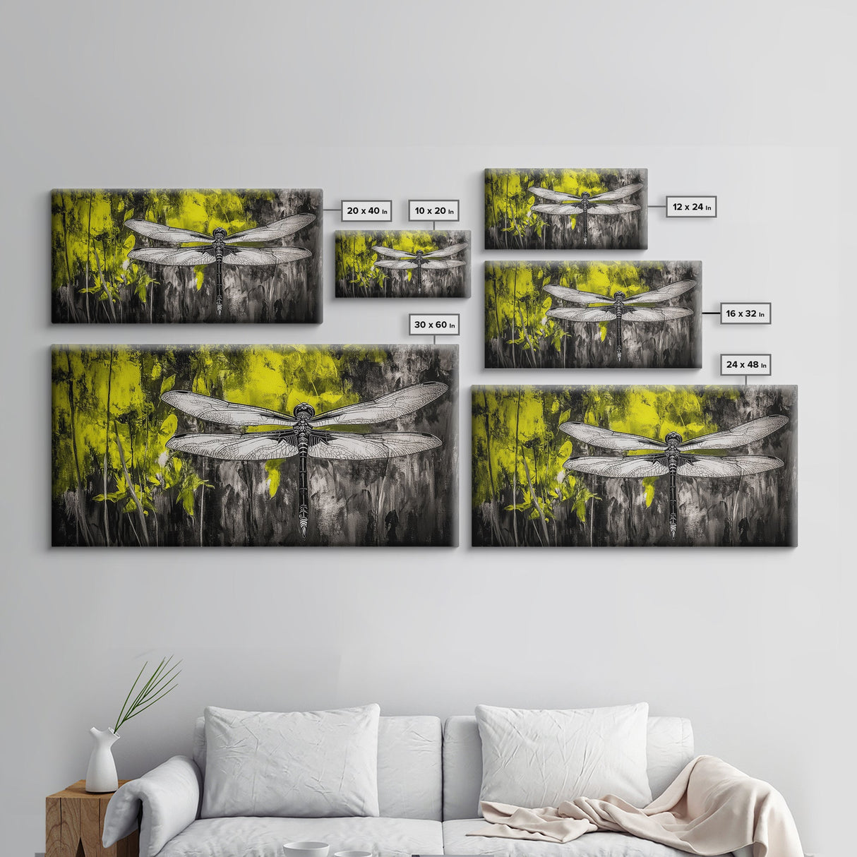 Dragonfly Art, Nature Insect, Modern Botanical, Black and White Sketch, Yellow Green Abstract, Framed Canvas Print, Bedroom Wall Decor