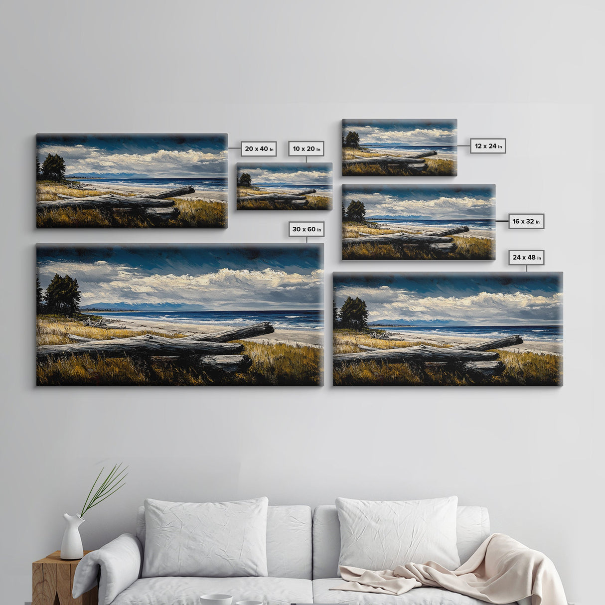 Seaside View, Dramatic Sky, Coastal Landscape, Nature Painting, Deep Blue Tones, Framed Canvas Print, Beach House Decor, Living Room Art