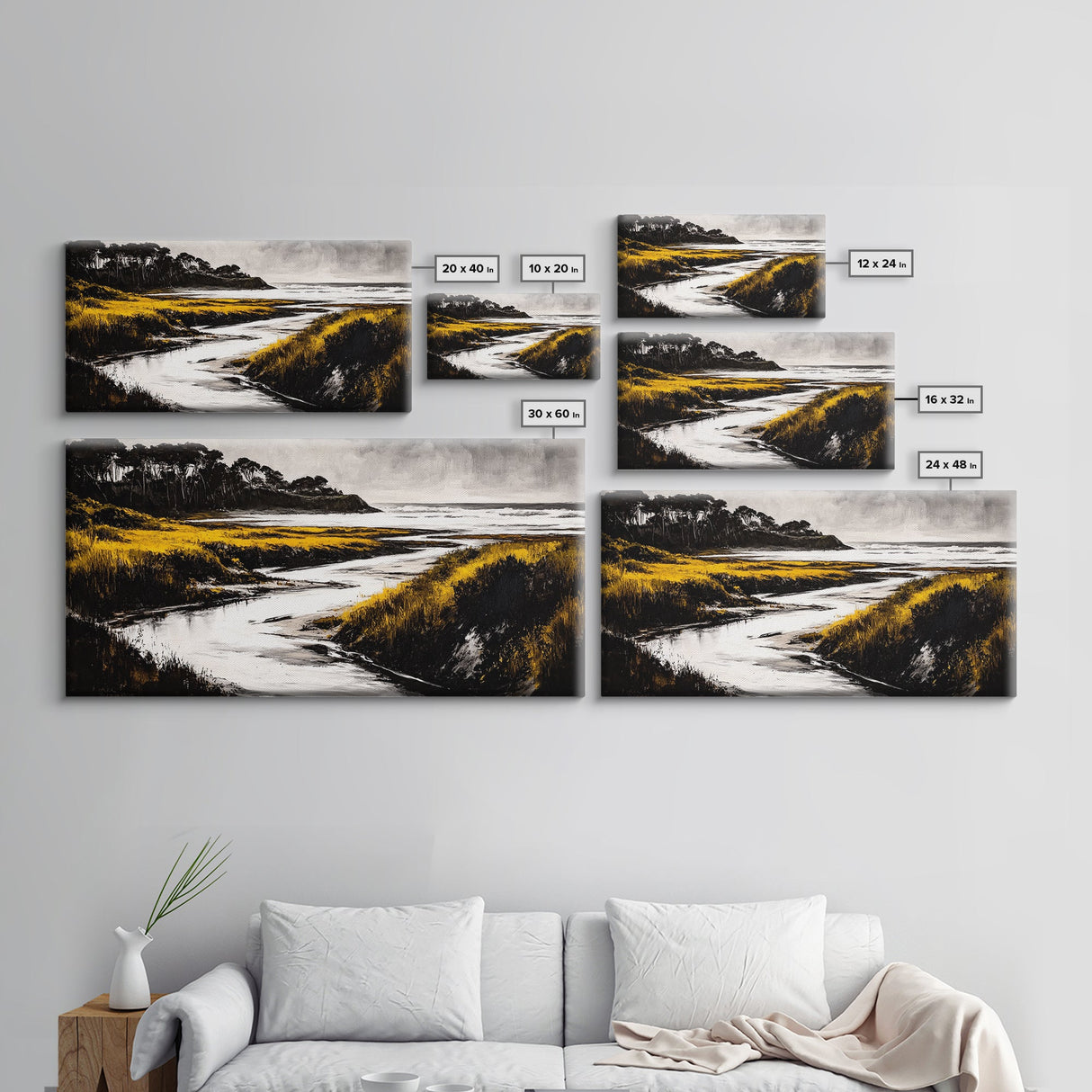 Golden Marsh, Ocean Landscape, Black and White Contrast, Nature Inspired, Minimalist Art, Framed Canvas Print, Bedroom Wall Decor