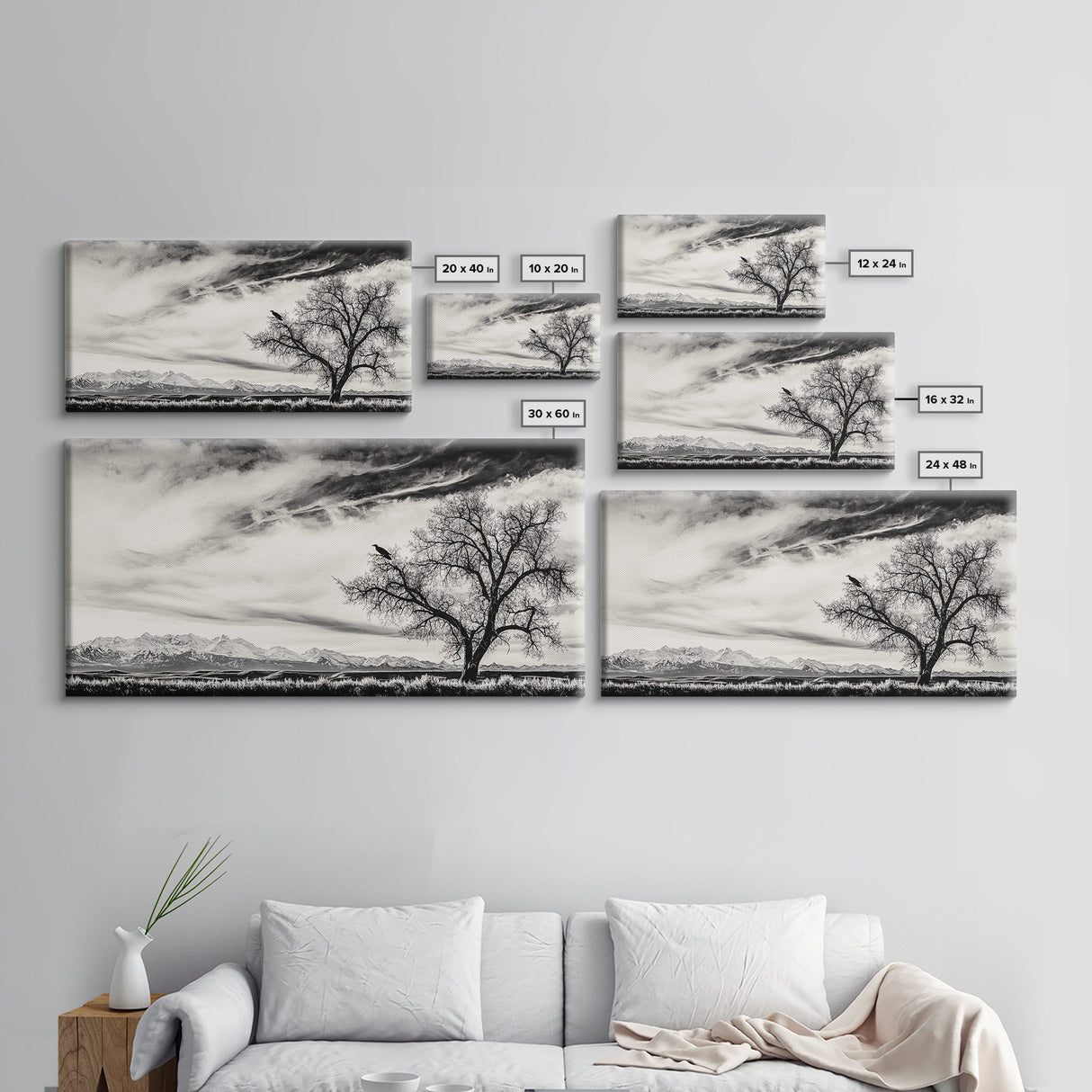 Lone Tree, Monochrome Landscape, Dramatic Sky, Framed Canvas Print, Moody Wall Art, Nature Scene, Modern Rustic Decor, Entryway Wall Art