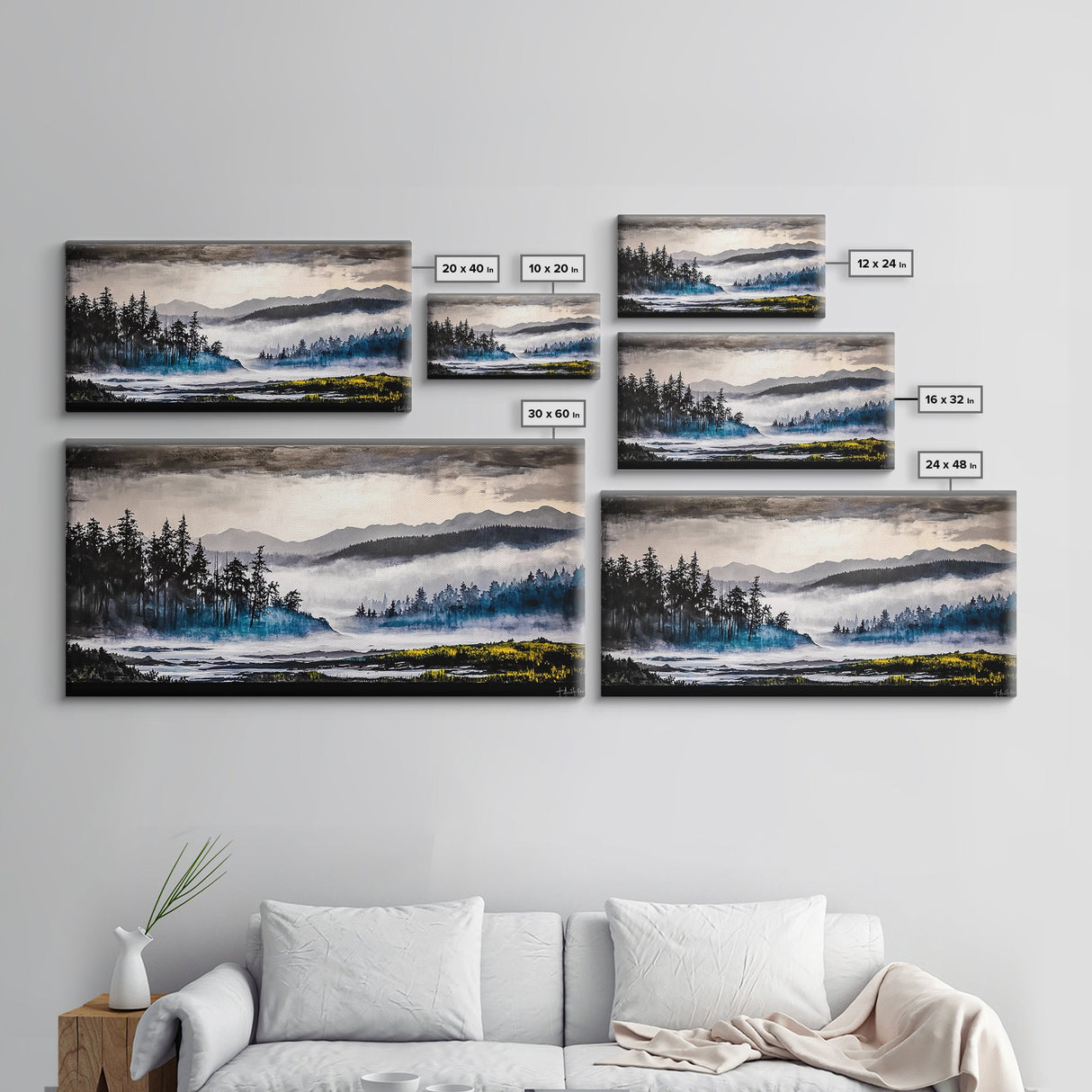 Misty Forest, Foggy Mountains, Tranquil Nature, Framed Canvas Print, Nordic Wall Art, Living Room Decor, Large Landscape, Moody Home Art