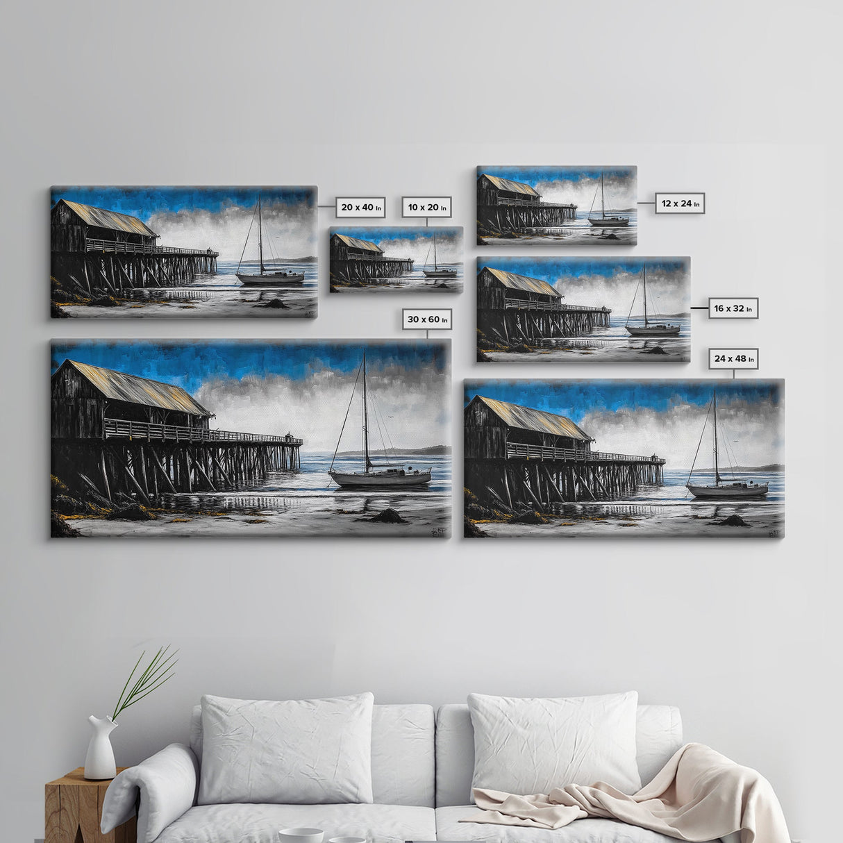 Pier and Boat, Seaside Wall Art, Coastal Landscape, Framed Canvas Print, Nautical Home Decor, Large Artwork, Ocean Painting