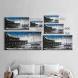 Pier and Boat, Seaside Wall Art, Coastal Landscape, Framed Canvas Print, Nautical Home Decor, Large Artwork, Ocean Painting