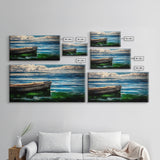 Lonely Boat, Ocean Painting, Nautical Home Decor, Framed Canvas Print, Coastal Wall Art, Blue Water Art, Beach House Art