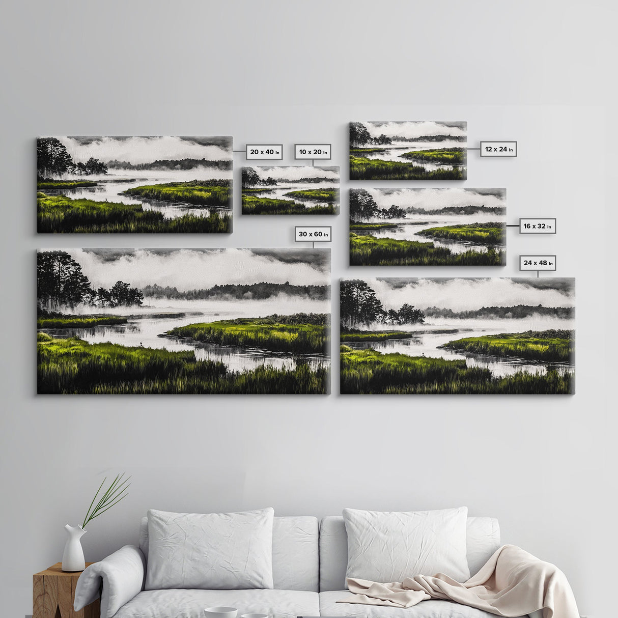 Misty Marsh, Green Landscape, Nature Lover Art, Framed Canvas Print, Serene Wall Art, Living Room Art, Minimalist Decor