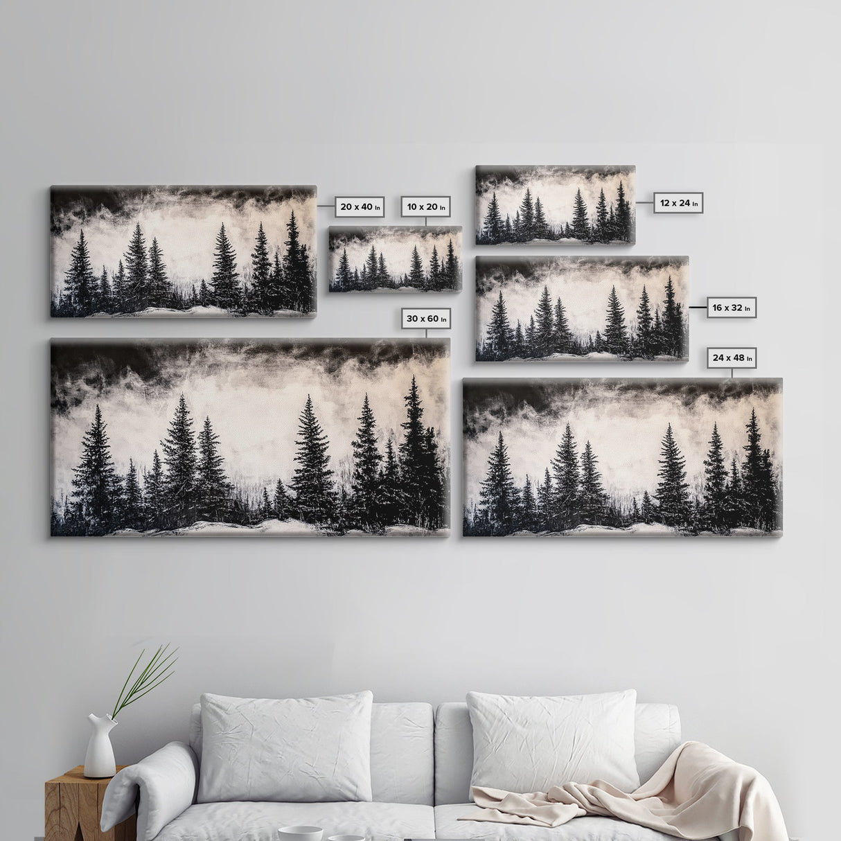 Pine Trees, Fog, Winter, Black and White, Framed Canvas Print, Mountain Art, Rustic Cabin Decor, Christmas Gift, Minimalist Home Wall Art