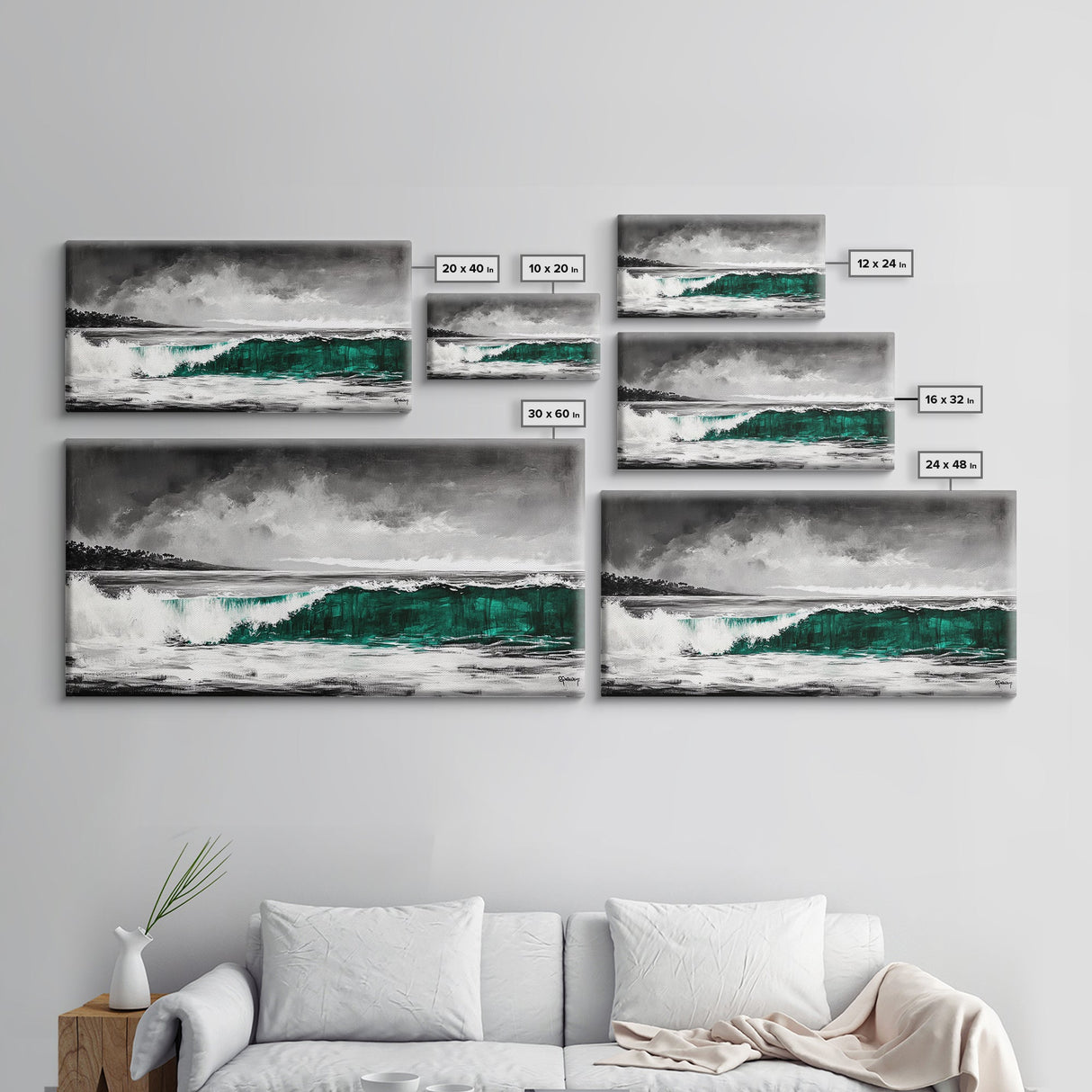 Green Ocean Wave, Dramatic, Black and White, Framed Canvas Print, Coastal Wall Art, Surfer Decor, Beach House Art, Nautical Decor