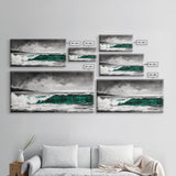Green Ocean Wave, Dramatic, Black and White, Framed Canvas Print, Coastal Wall Art, Surfer Decor, Beach House Art, Nautical Decor