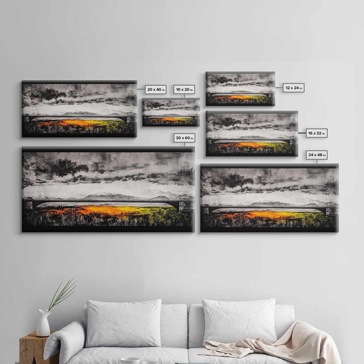 Train Bridge, Dramatic Sky, Mountains, Framed Canvas Print, Moody Landscape, Black and White Art, Rustic Decor, Office Wall Art