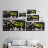Lotus Pond, Serenity, Zen, Framed Canvas Print, Black and White Nature Art, Japanese Water Lily Decor, Minimalist Meditation Wall Art