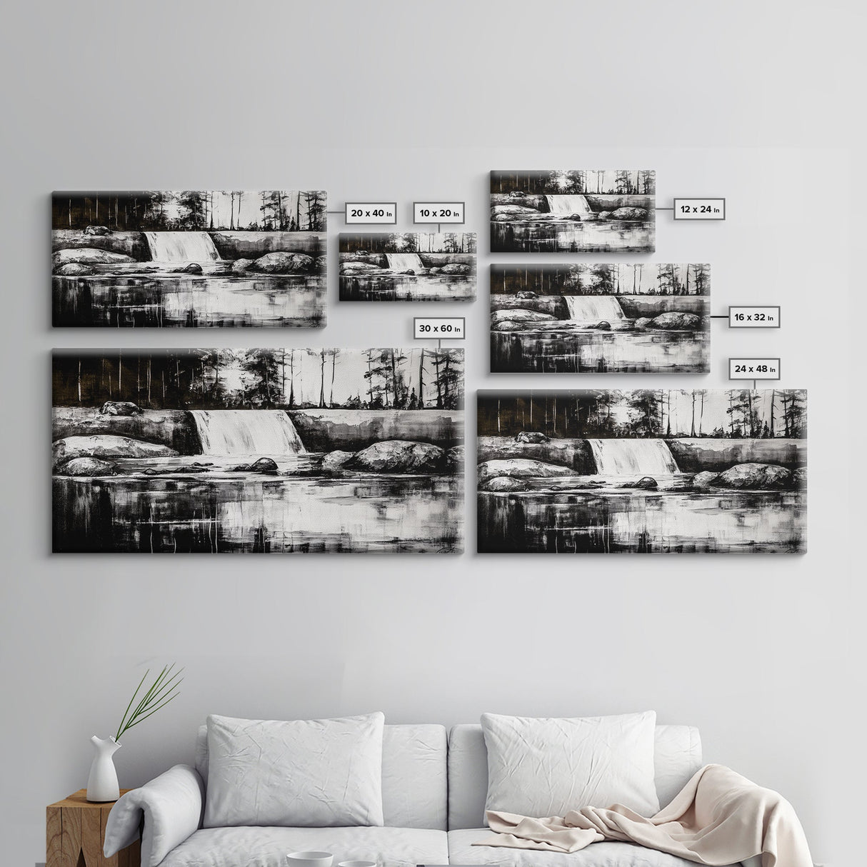 Waterfall Landscape, Black and White Nature Art, Forest Wall Decor, Rustic Art, Minimalist Landscape, Cabin Artwork, Framed Canvas Print