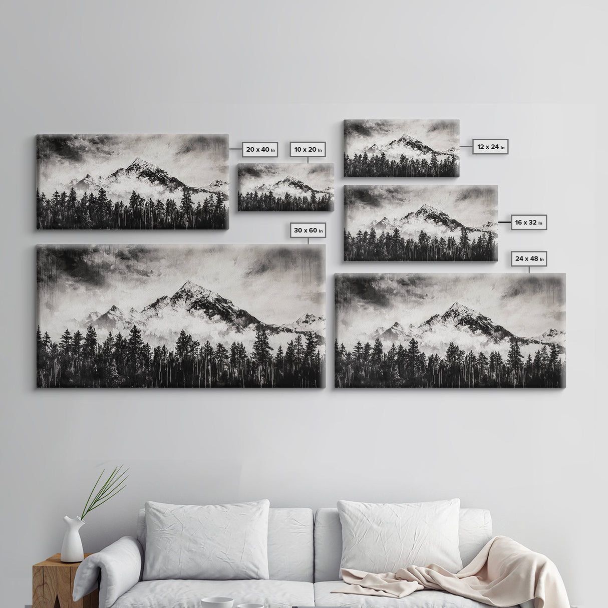 Mountain Landscape, Black and White, Framed Canvas Print, Nature Wall Art, Rustic Home Decor, Modern Farmhouse, Large Wall Art