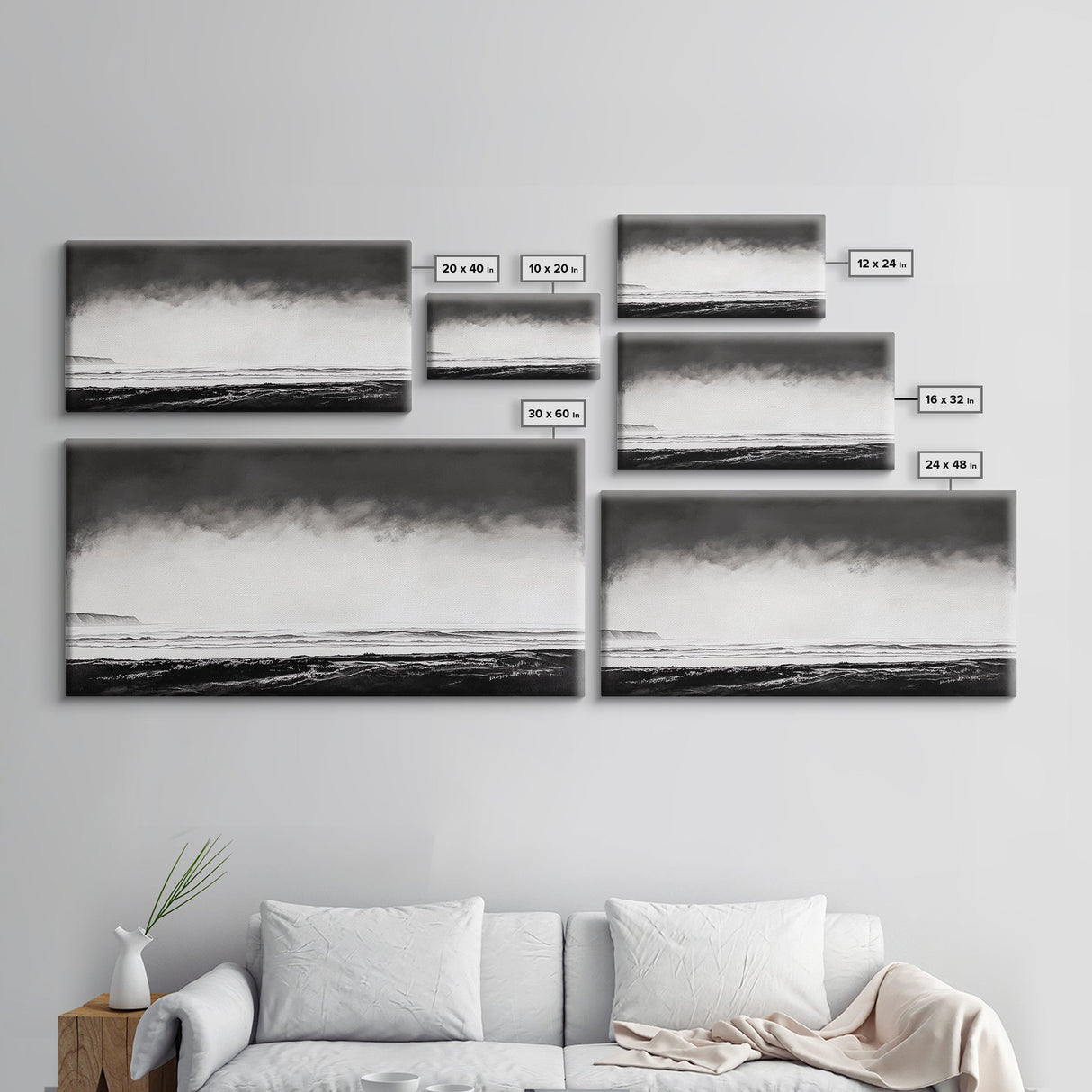 Foggy Ocean, Misty Beach, Black and White Minimalist, Canvas Print, Modern Wall Art, Bedroom Decor, Neutral Tones, Serene Seascape