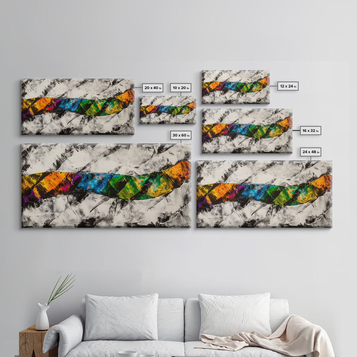 Abstract Wave, Dynamic Ocean Art, Surf Inspired Painting, Black and White Modern Art, Colorful Coastal Decor, Canvas Print, Hallway Art