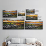 Vibrant Sunset, Colorful Sky, Wildflower Meadow, Framed Canvas Print, Fall Landscape, Nature Art, Living Room Decor, Rustic Warmth
