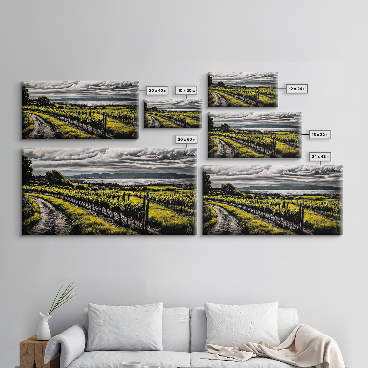 Vineyard View, Rolling Hills, Country Art, Framed Canvas Print, Rustic Landscape, Black White Yellow, Living Room Wall Art, Large Canvas