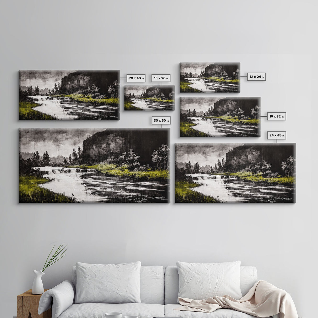 Forest Waterfall, Black and White Landscape, Nature Wall Art, Rustic Lodge Decor, Cabin Home Art, Peaceful River Scene, Canvas Print