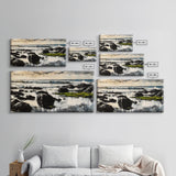 Rocky Coastline, Ocean Waves, Moody Seascape, Canvas Print, Nautical Wall Art, Monochrome Landscape, Bedroom Wall Art, Nature Aesthetic