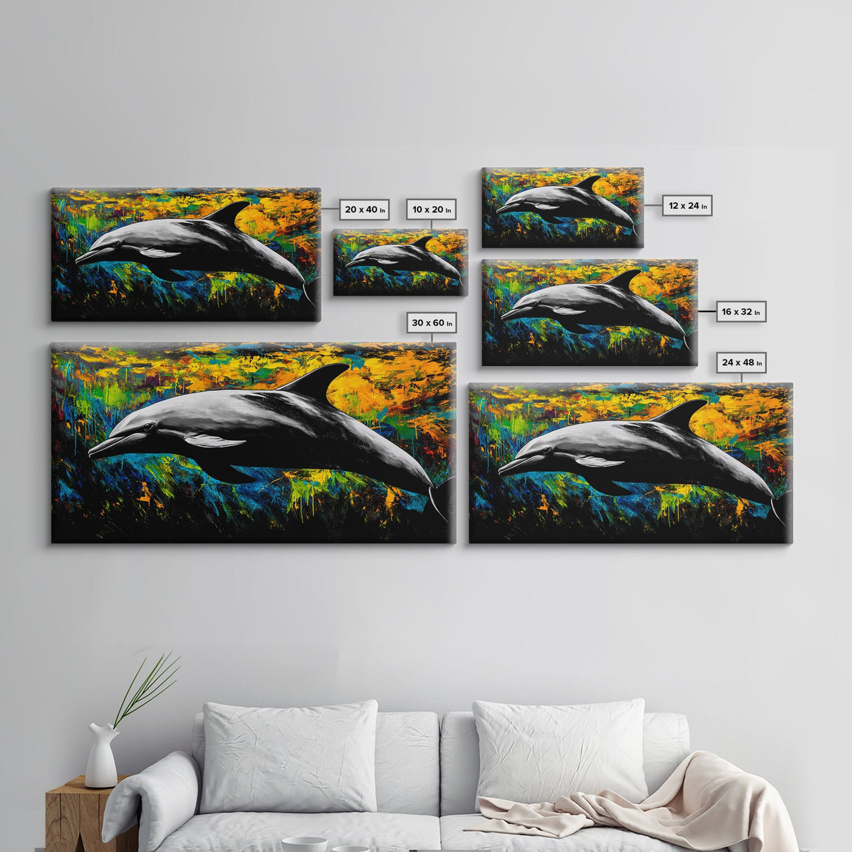 Dolphin, Ocean, Vibrant, Abstract, Framed Canvas Print, Colorful Sea Life Wall Art, Coastal Decor, Beach House Art, Nautical Theme