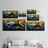 Dolphin, Ocean, Vibrant, Abstract, Framed Canvas Print, Colorful Sea Life Wall Art, Coastal Decor, Beach House Art, Nautical Theme