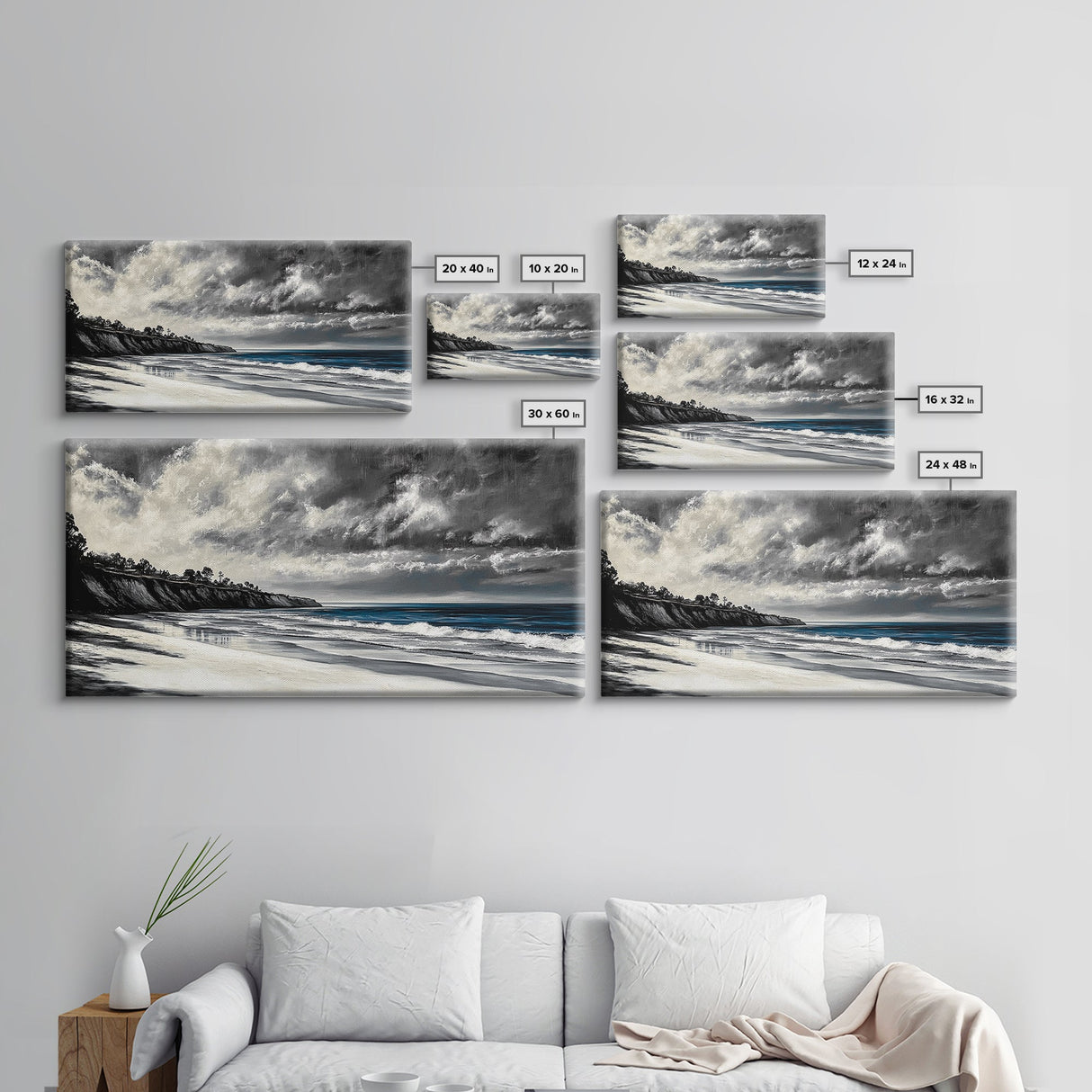 Moody Seascape, Stormy Ocean, Dramatic Sky, Beach Wall Art, Black and White Coastal Decor, Framed Canvas Print, Large Landscape Art