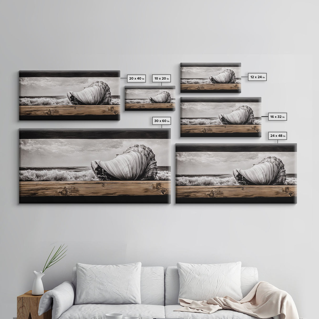 Seashell and Waves, Nautical Art, Coastal Beach Decor, Black and White Seascape, Ocean Home Art, Framed Canvas Print, Elegant Art