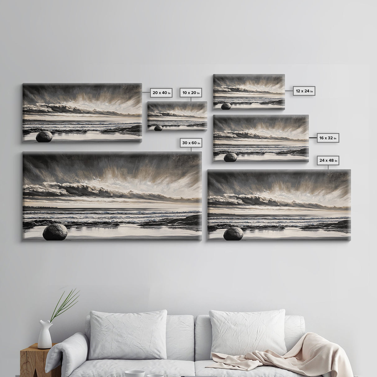 Moody Beach, Black White, Ocean Sunset, Canvas Print, Dramatic Seascape, Coastal Wall Art, Relaxing Home Decor, Living Room Artwork