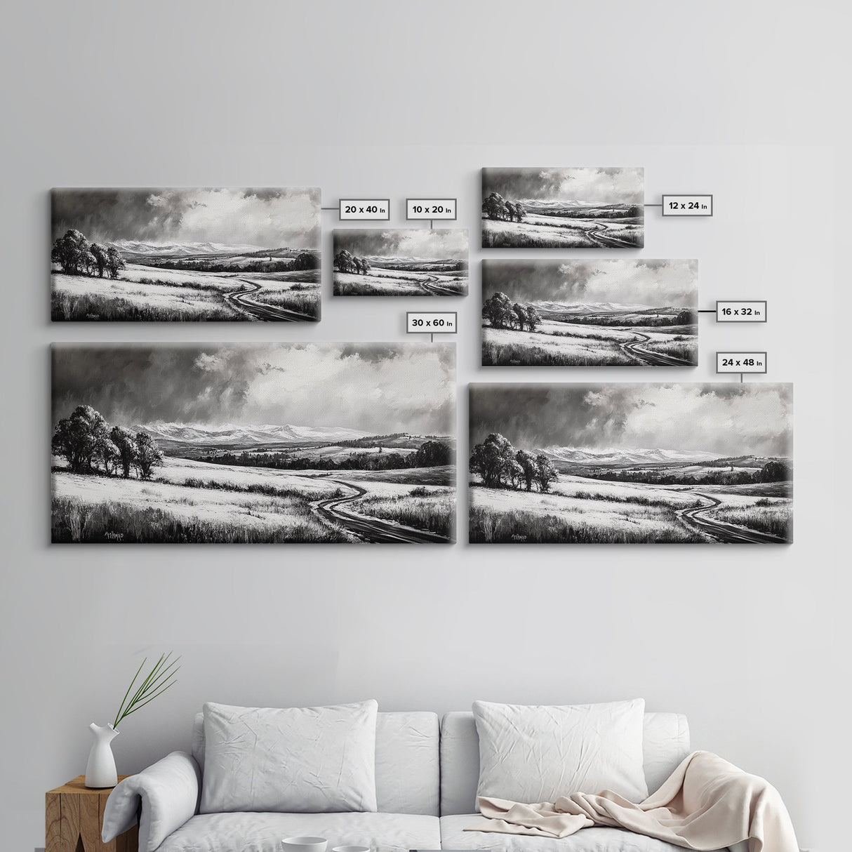 Winter Landscape, Black White, Scenic Country Road, Framed Canvas Print, Serene Nature Art, Rustic Wall Decor, Bedroom Artwork