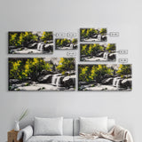 Waterfall Scene, Nature Art, Black and White Landscape, Rustic Cabin Decor, Wilderness Painting, Relaxing Wall Art, Canvas Print
