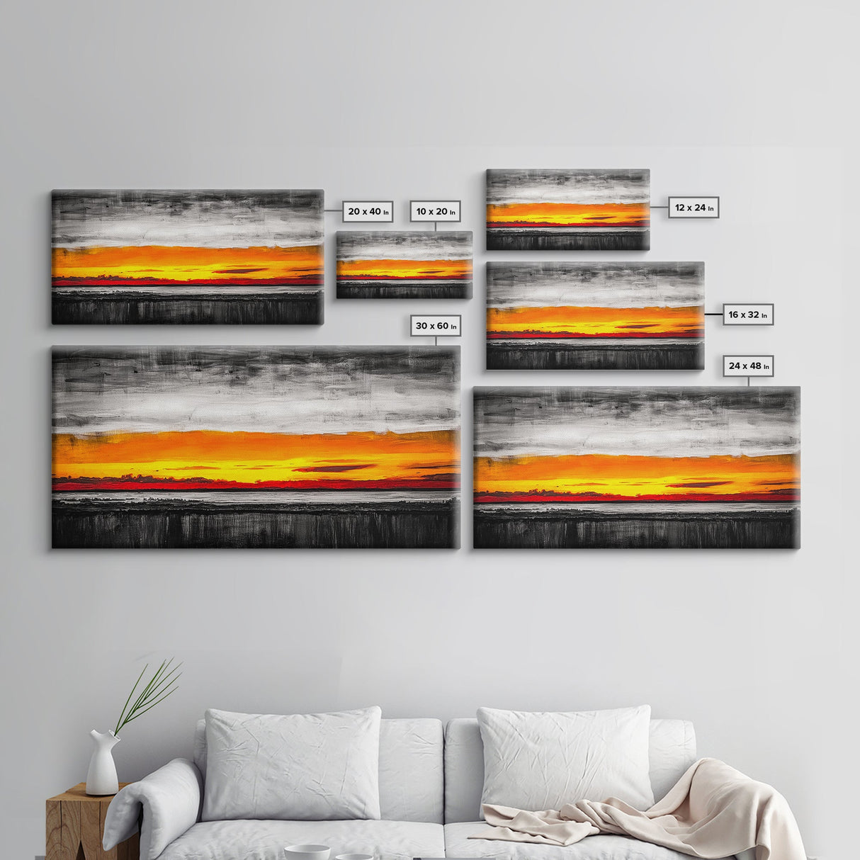 Fiery Sunset, Dramatic Sky, Abstract Landscape, Bold Colors, Modern Expressionism, Vibrant Wall Decor, Warm Tones, Framed Canvas Print