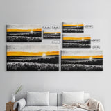 Sunrise Over Fields, Golden Light, Black and White Contrast, Tranquil Scene, Minimalist Wall Art, Warm Tones, Framed Canvas Print