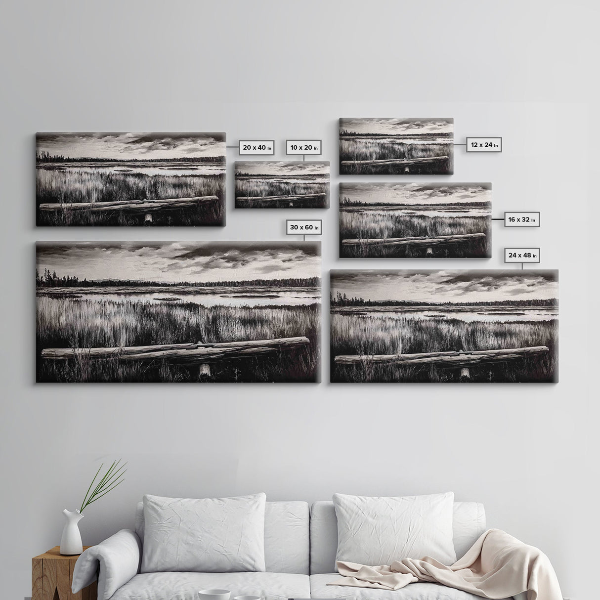 Marshland, Serene, Nature, Black and White, Framed Canvas Print, Landscape Painting, Rustic Wall Art, Cabin Decor, Neutral Tone Art