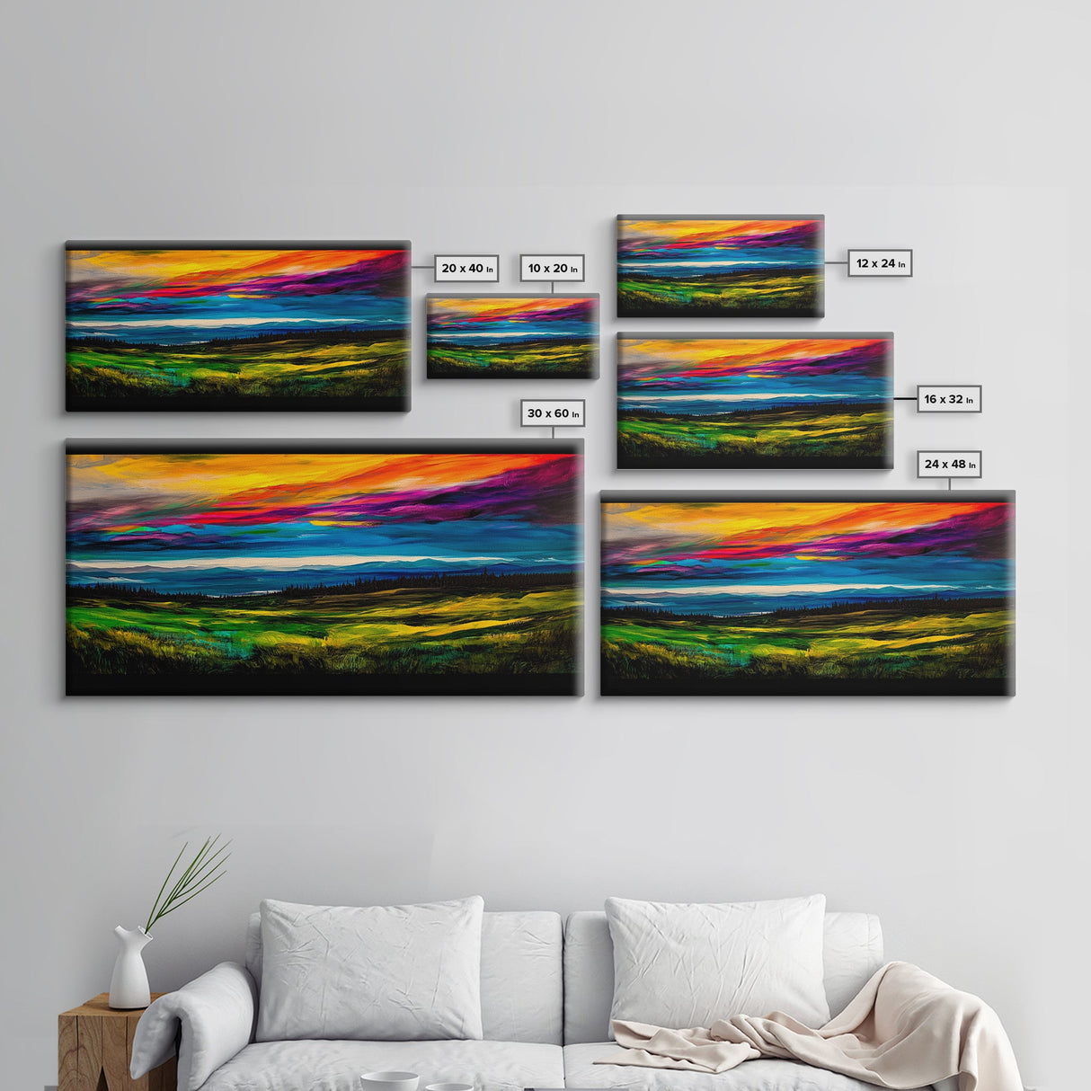 Mountain Sunset, Vibrant Colorful Sky, Nature Painting, Canvas Print, Boho Wall Art, Living Room Wall Art, Large Landscape Decor