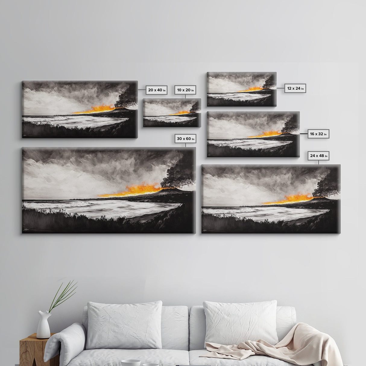 Volcano Eruption, Dramatic Landscape Art, Black and White Wall Art, Fiery Sunset Painting, Large Framed Canvas Print, Office Decor