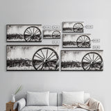 Wagon Wheel, Mountain Landscape, Black and White Western Art, Rustic Home Decor, Framed Canvas Print, Farmhouse Living Room Art