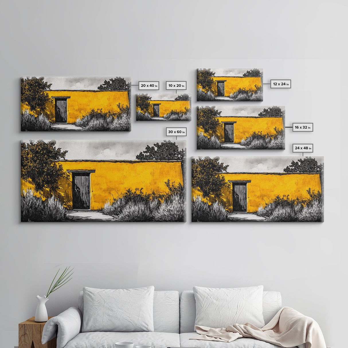 Adobe House, Southwestern Art, Yellow Wall Painting, Rustic Desert Decor, Black and White Canvas Print, Living Room Wall Art