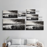 Marshland Landscape, Moody Black and White Art, Nature Wall Decor, Large Framed Canvas Print, Serene Wetlands Painting