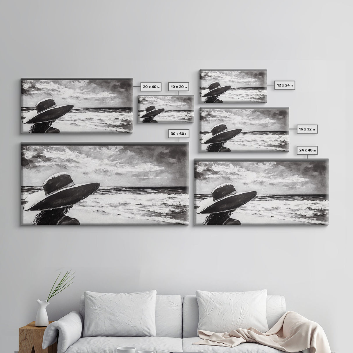 Woman at Beach, Black and White Wall Art, Minimalist Canvas Print, Modern Coastal Decor, Ocean View Art, Living Room Wall Art