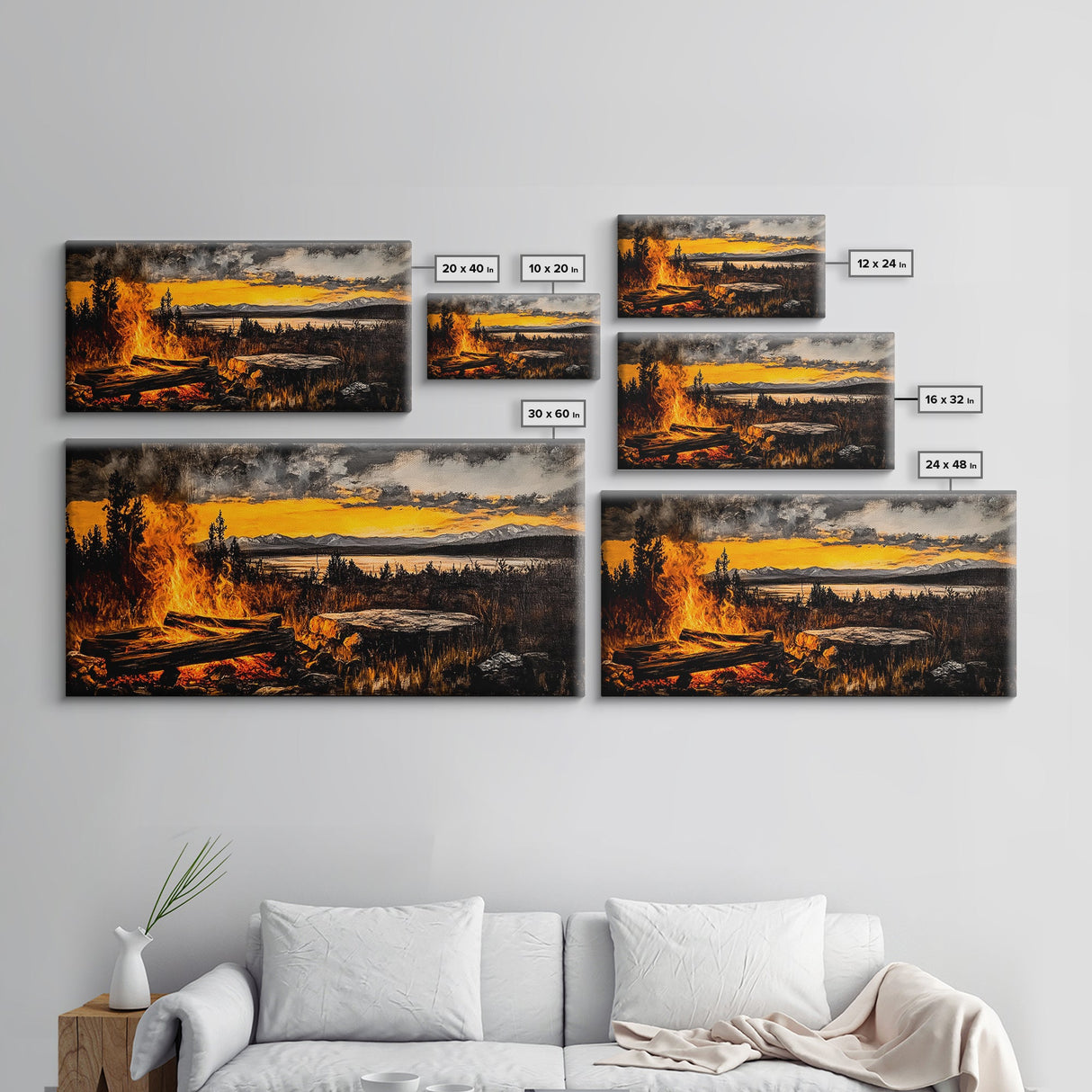 Campfire, Mountain Art, Sunset Landscape, Wilderness Print, Outdoor Wall Art, Adventure Home Decor, Cabin Wall Art, Framed Canvas Print