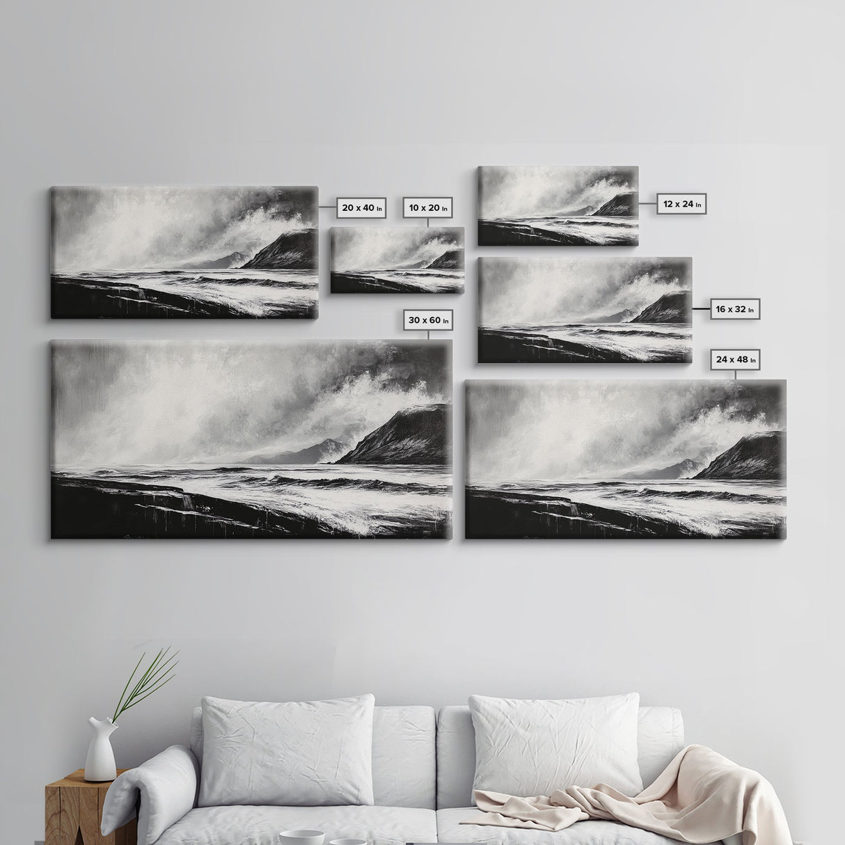 Monochrome Seascape, Dramatic Waves, Stormy Ocean, Modern Wall Art, Black and White Painting, Living Room Art, Framed Canvas Print, Gift Idea