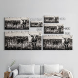 Texas Longhorn, Rustic Farmhouse, Black and White Western Art, Framed Canvas Print, Country Home Decor, Rustic Living Room Wall Art